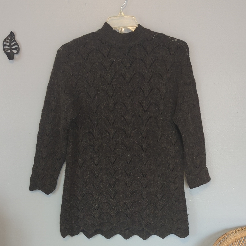 Melyssa Vintage Open Knit Mock Neck Long Line Sweater In Army Green Or Olive L